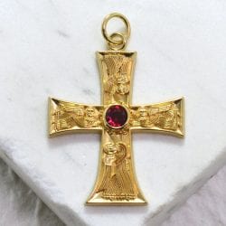 angel cross necklace, ruby, gold cross